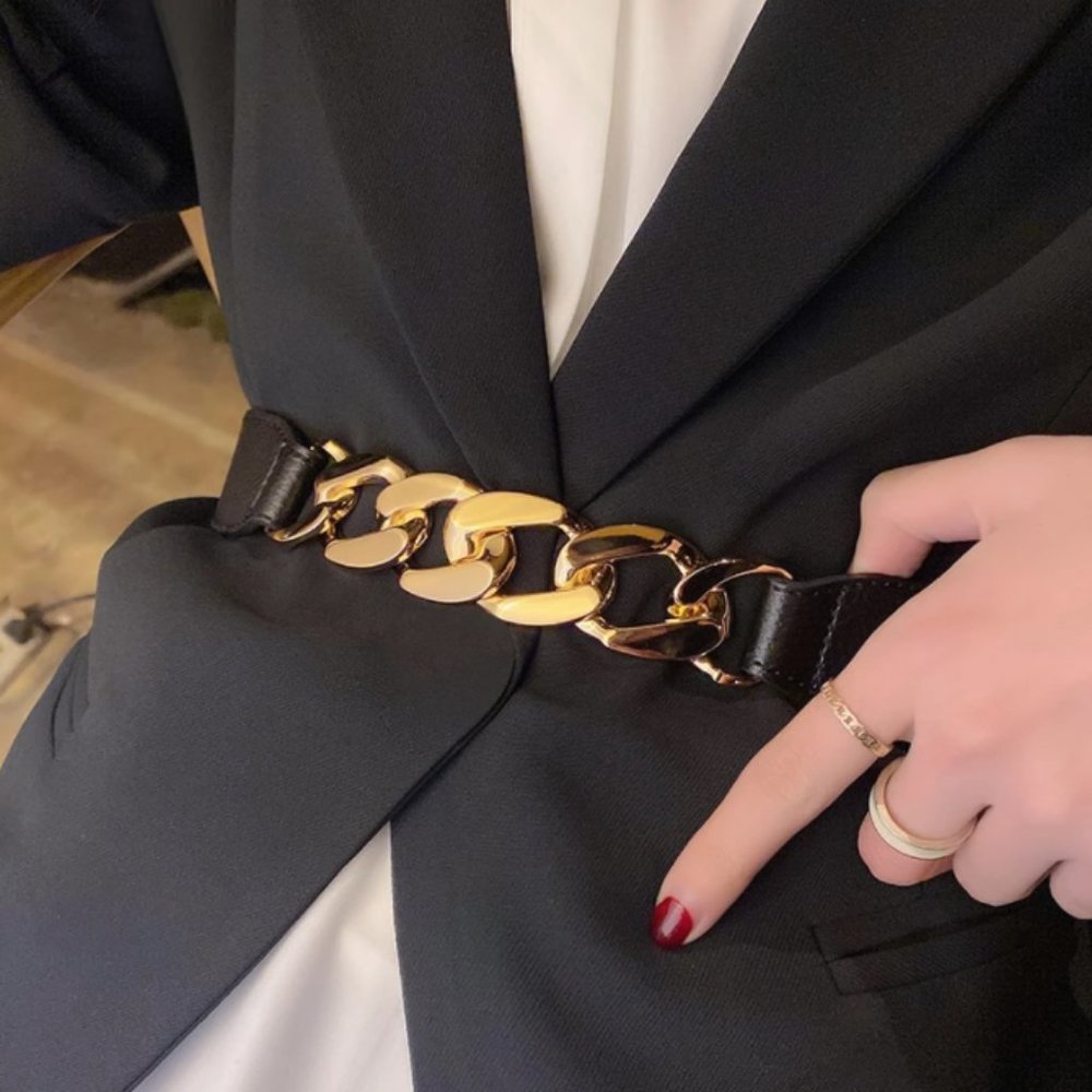 Chunky Gold Chain Link Elastic Coat Waist Belt Black Waist Band